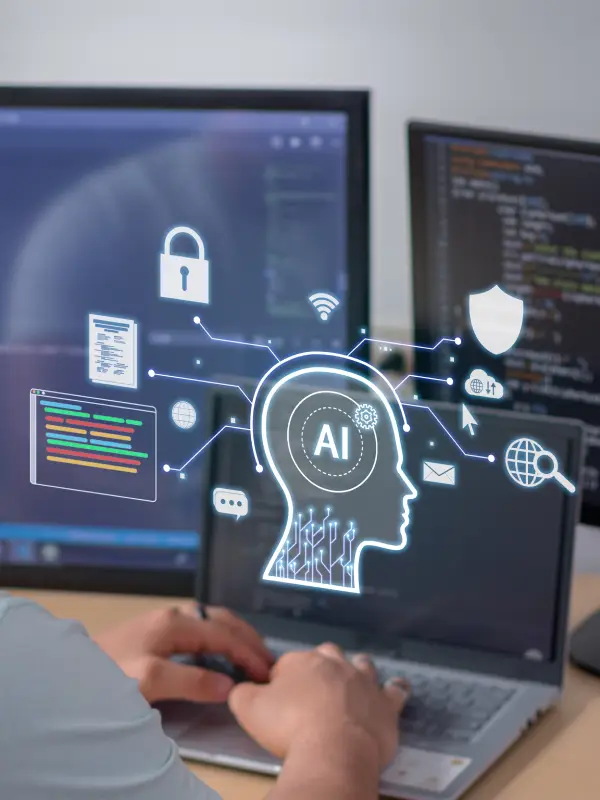 A person typing on a laptop with a digital AI brain graphic and data security icons overlaid on the screen
