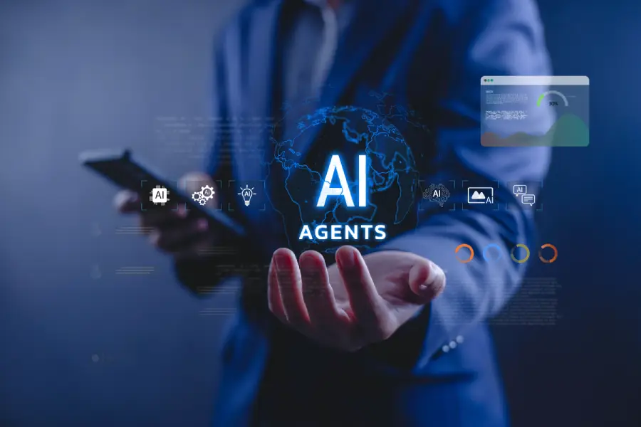 Person holding a smartphone with an AI Agents graphic hovering above their hand
