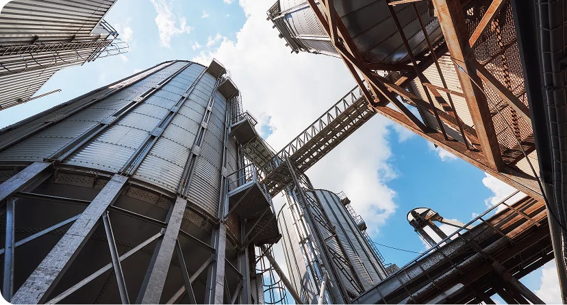 Large industrial or agricultural metal storage silos connected by overhead catwalks